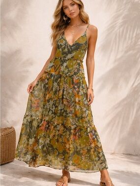 Chelsea & Theodore Floral V-Neck Tiered Maxi Dress in Olive Green Size L